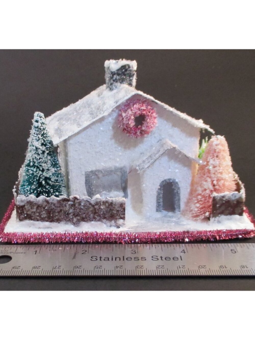 Christmas Glitter Putz House, White, Gray, Pink Vtg Style Ornament, Handmade